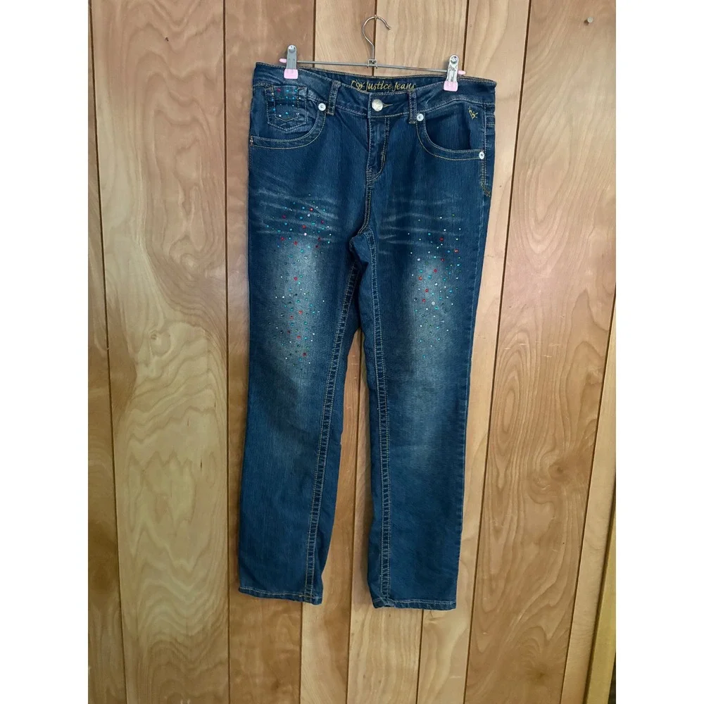 Justice Girls Jeans Size 14.5 Simply Low Rhinestone Embellished Medium Denim